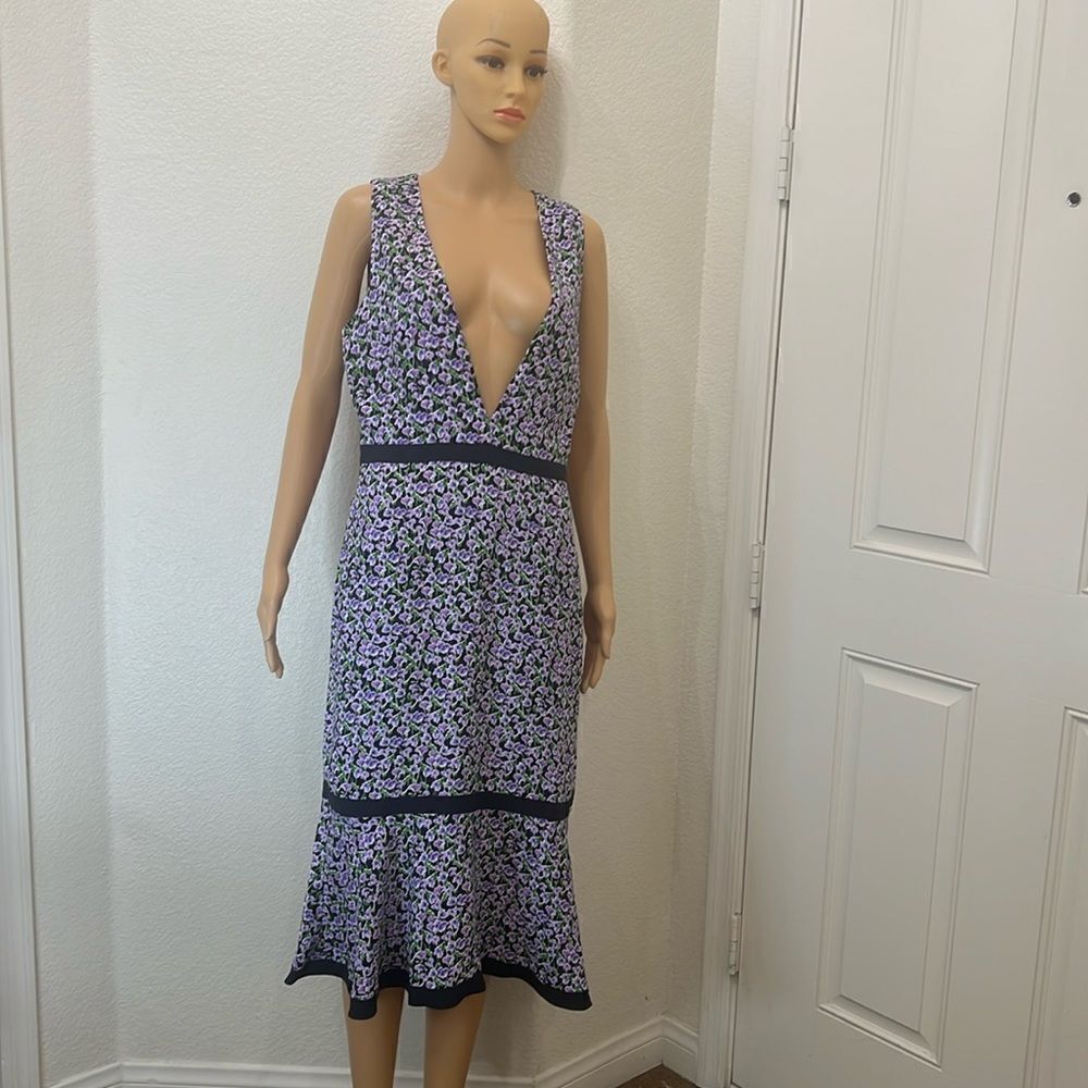 Banana Republic Womans Floral Midi Dress Sz 6 Purple Green Navy Blue Midi Ruffle